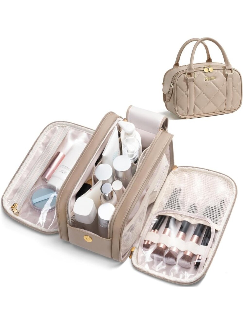 Large Capacity Quilted Travel Makeup Bag - Stand-Up Cosmetic Organizer Pouch